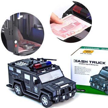 Дитяча машина сейф скарбничка CASH TRUCK поліція з кодовим замком та купюроприймачем для паперових грошей та монет. Чорна Машинка вантажівка SK13-12 BK-6210 фото
